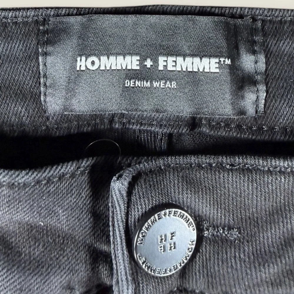 Homme Femme Distressed & Logo‎ Patch Jeans BRAND NEW Sz 36 Denim Black